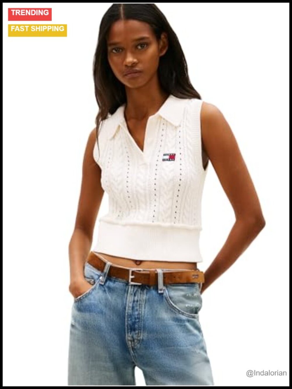 Sleeveless Cable Knit Cropped Polo Sweater Slim Fit Button Collar Cotton
